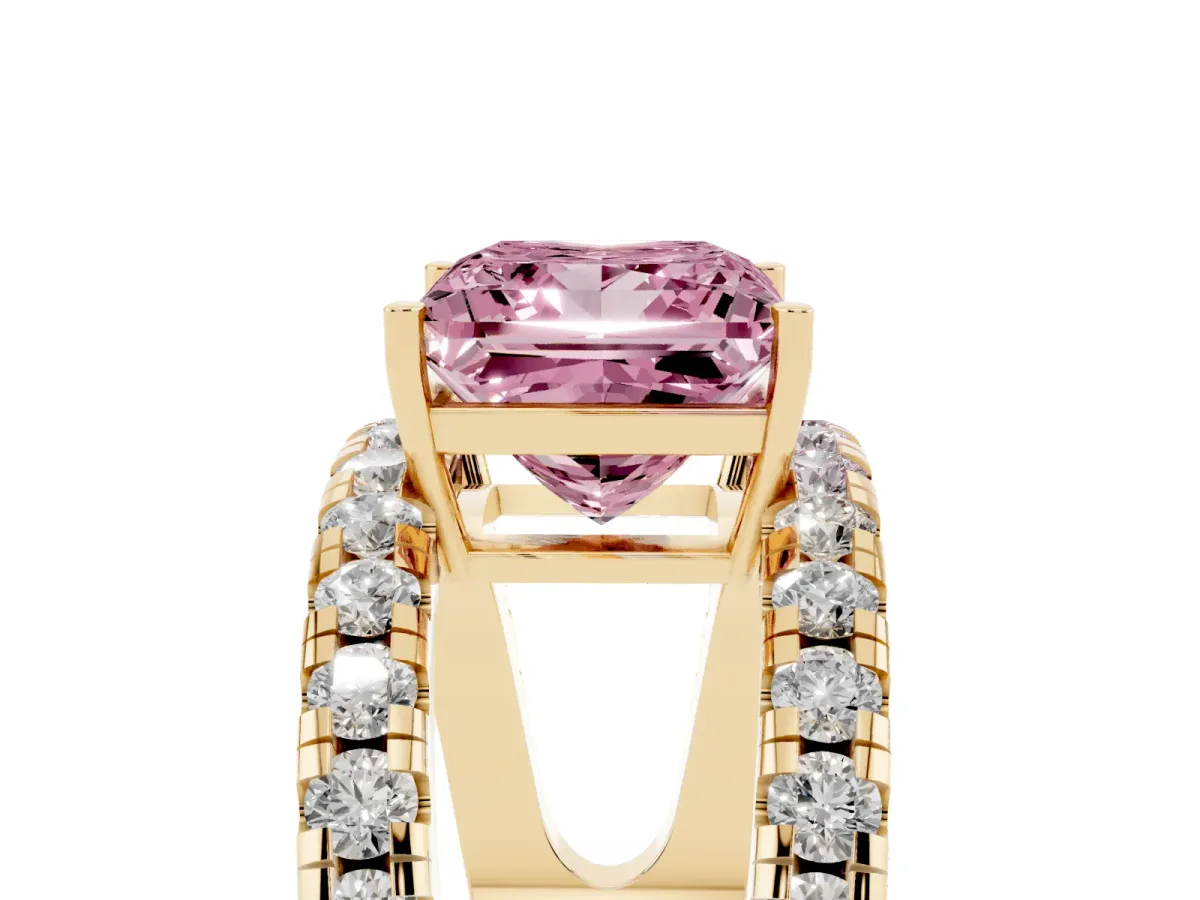 Fancy Pink Princess Cut Solitaire Split Shank Pave Diamond Ring Yellow gold