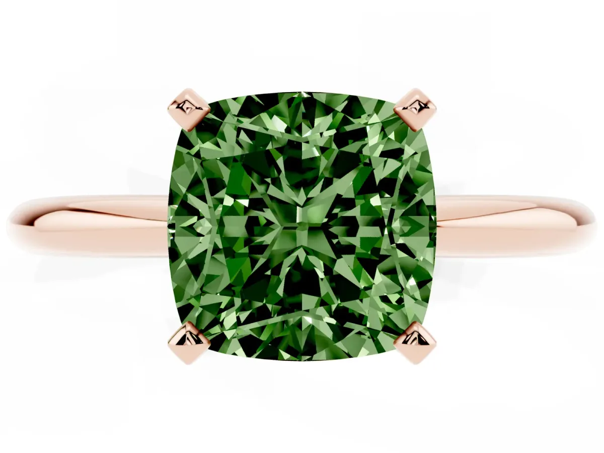 Fancy Green Cushion Cut Diamond Solitaire Ring with Prong Setting and Classic Band Rose gold