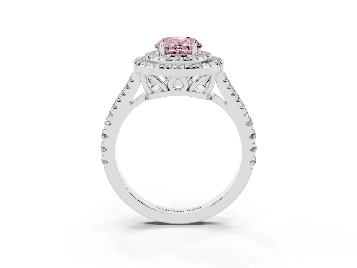 Fancy Pink Oval Cut Diamond Double Halo Ring with Pavé Band and Prong Setting Silver