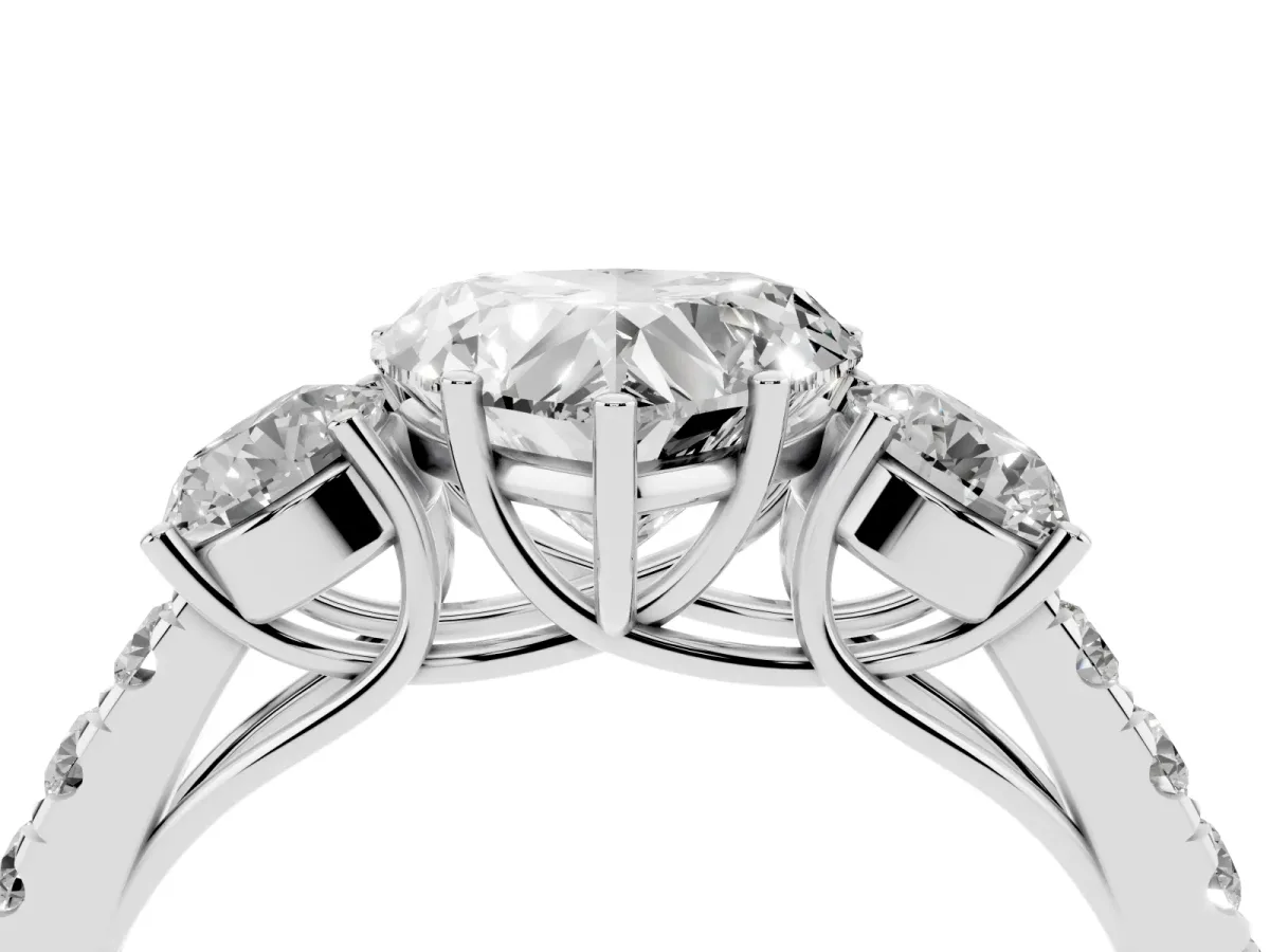 Heart Cut Cut Diamond Three-Stone Ring with Round Side Stones and Pavé Band Silver