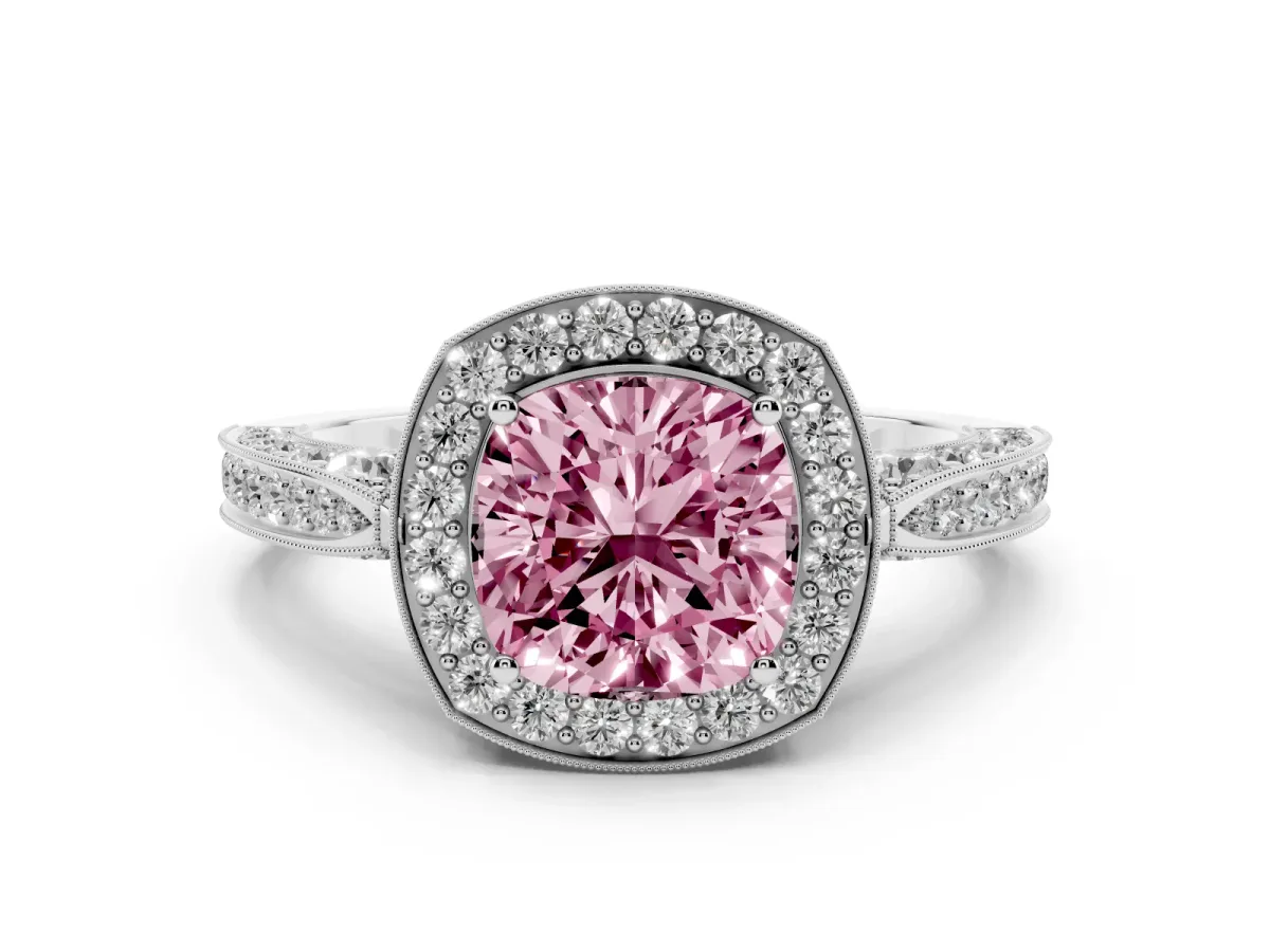 Fancy Pink Cushion Cut Halo Diamond Engagement Ring with Split Shank Band and Four-Prong Setting Silver