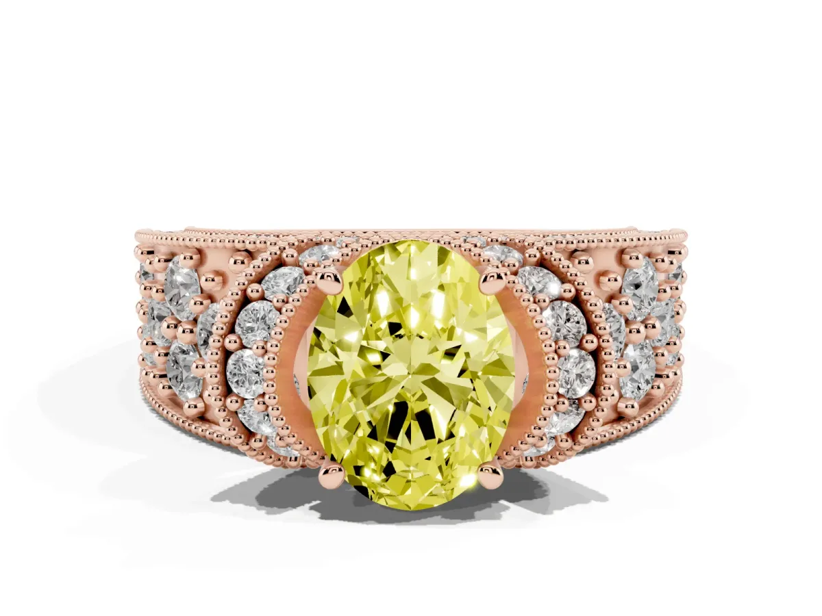Fancy Yellow Oval Cut Halo Pave Diamond Engagement Ring with Milgrain Detailing Rose gold
