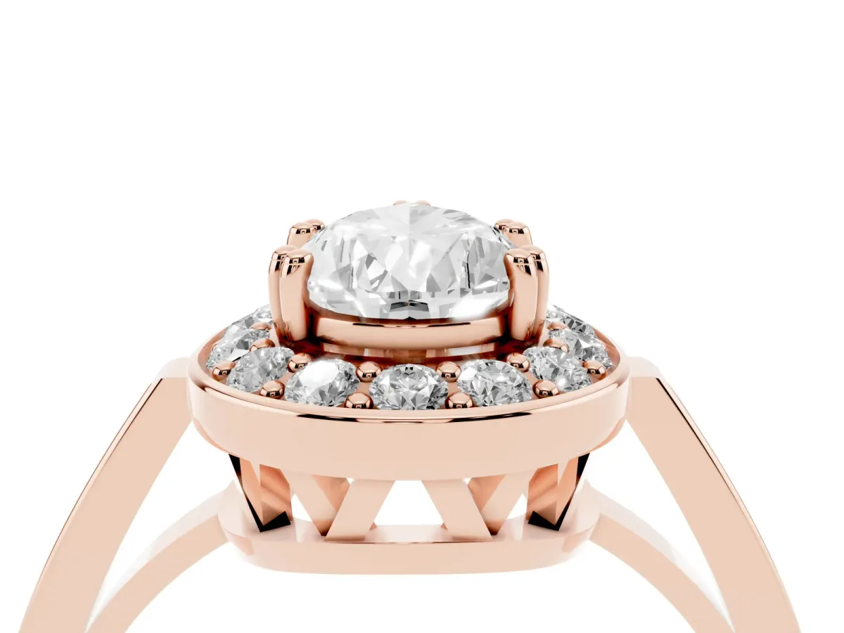 Pear Cut Diamond Halo Ring with Split Shank and Four-Prong Setting Rose gold