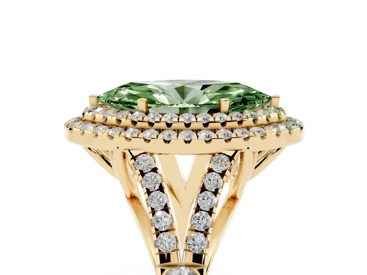 Fancy Green Marquise Cut Diamond Pavé Split Shank Double Halo Engagement Ring Yellow gold