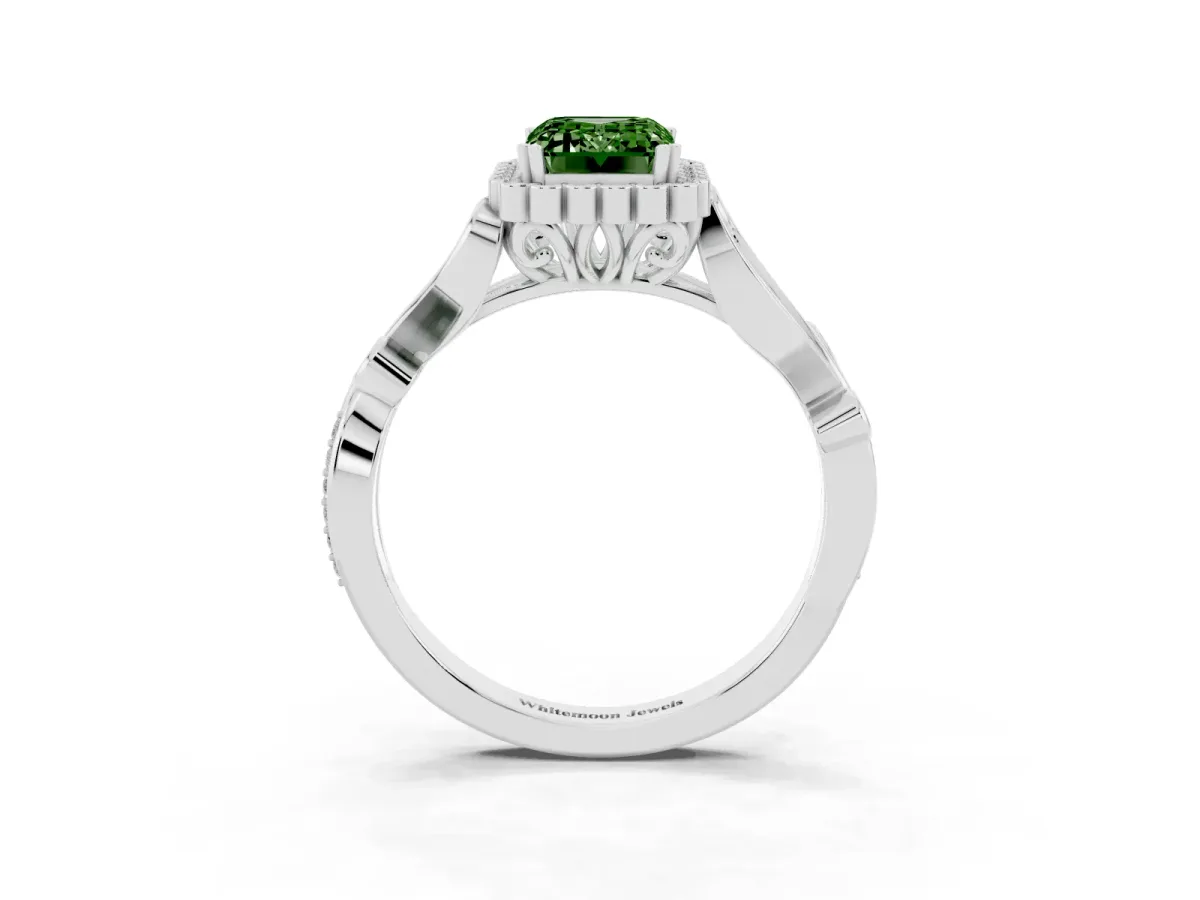Fancy Green Emerald Cut Diamond Halo Ring with Vintage Split Shank and Four-Prong Setting Silver