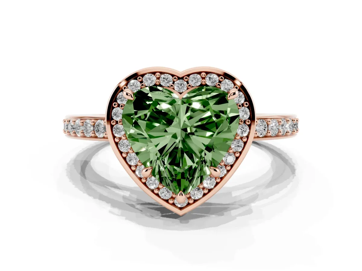 Fancy Green Heart Cut Halo Pave Band Solitaire Ring with Prong Setting Rose gold