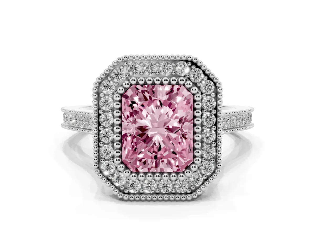 Fancy Pink Radiant Cut Diamond Halo Ring with Milgrain Frame and Pavé Band White gold
