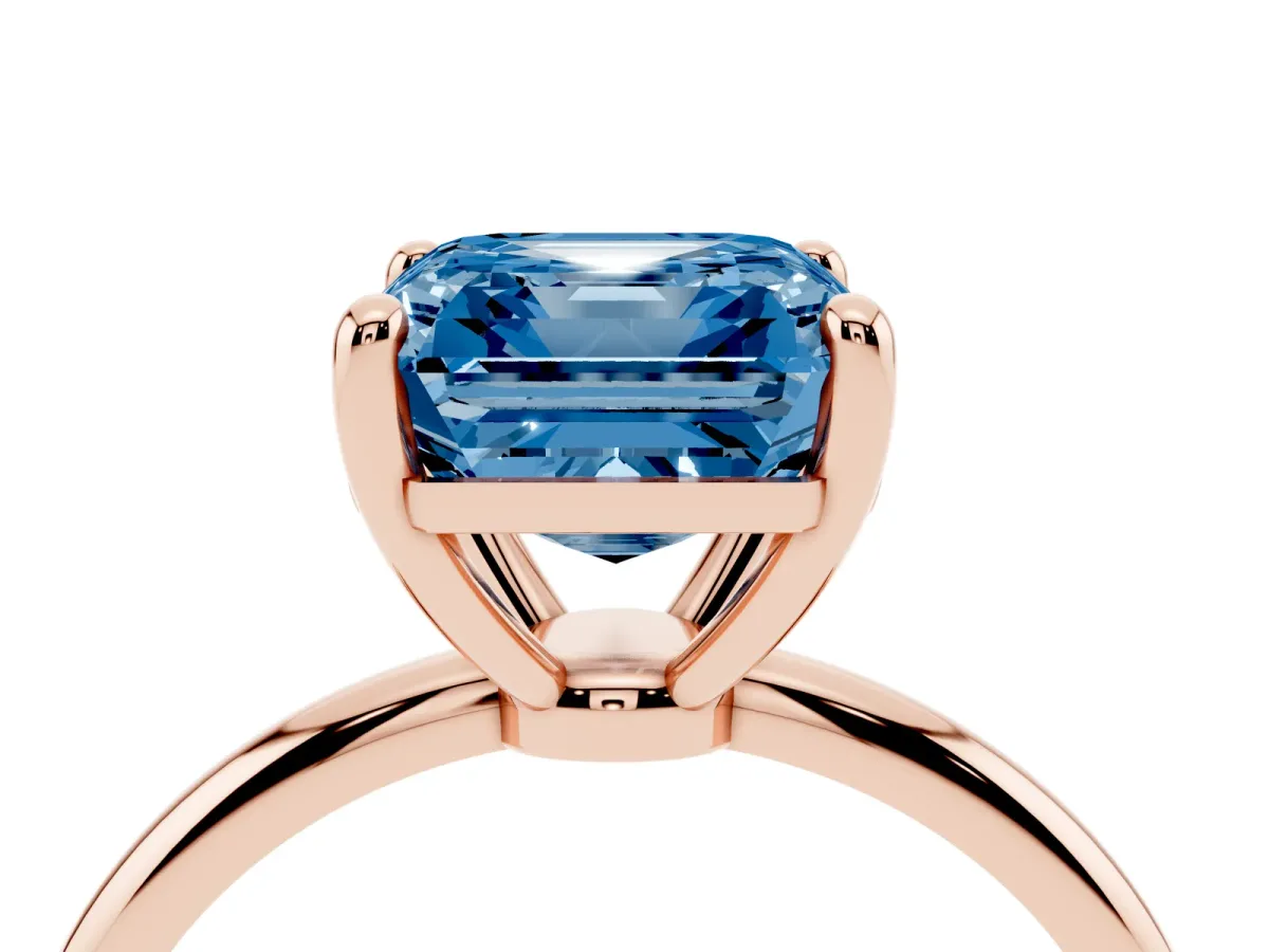 Fancy Blue Asscher Cut Solitaire Diamond Ring with 4-Prong Setting on a Classic Band Rose gold