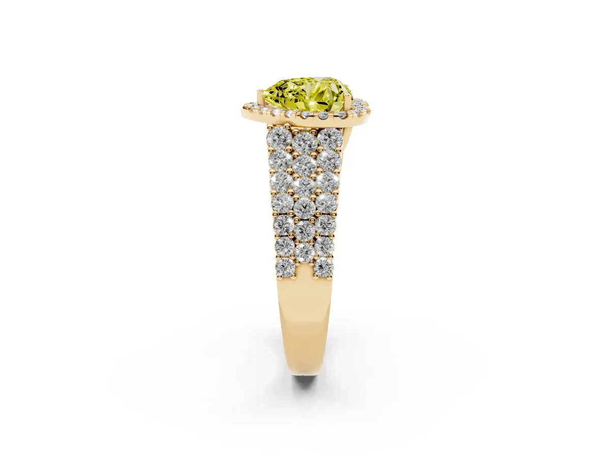 Fancy Yellow Heart Cut Diamond Halo Engagement Ring with Triple Row Round Pavé Band and Prong Setting Yellow gold