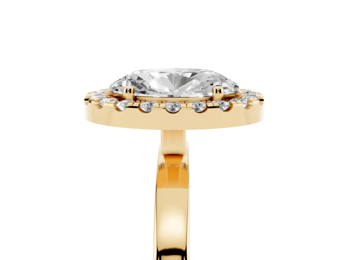 Oval Cut Halo Diamond Solitaire with Pavé Band and Four-Prong Setting Yellow gold