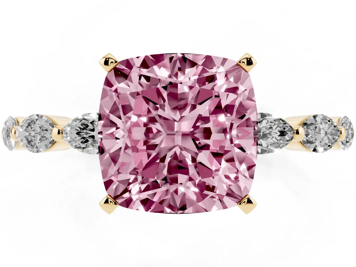 Fancy Pink Cushion Cut Diamond Ring with Marquise Side Stones and Prong Setting Yellow gold