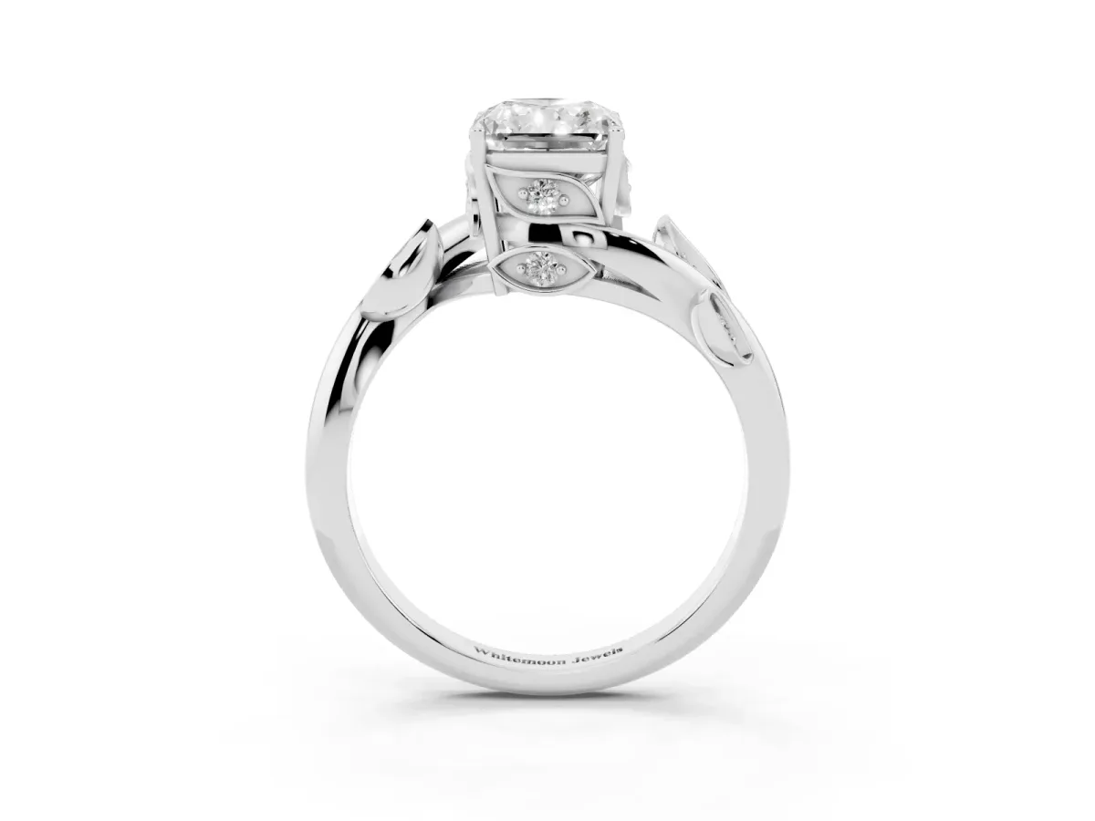 Radiant Cut Solitaire Twist Engagement Ring with Leaf Accents and Prong Setting Silver