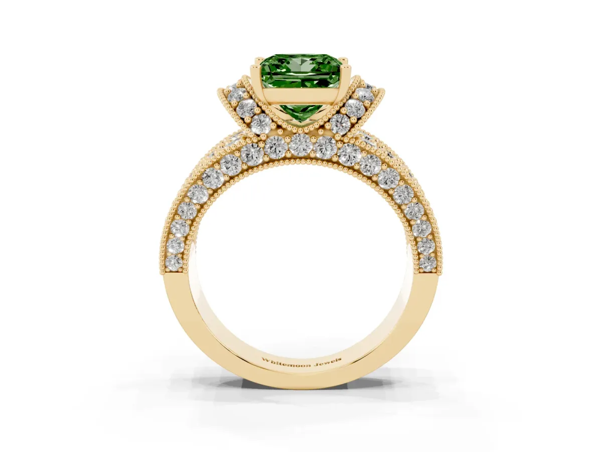 Fancy Green Princess Cut Halo Pave Diamond Engagement Ring with Milgrain Detailing Yellow gold