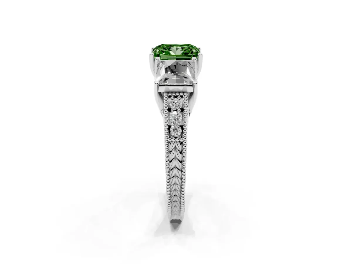 Fancy Green Three-Stone Princess Cut Cut Milgrain Pavé Engagement Ring Silver