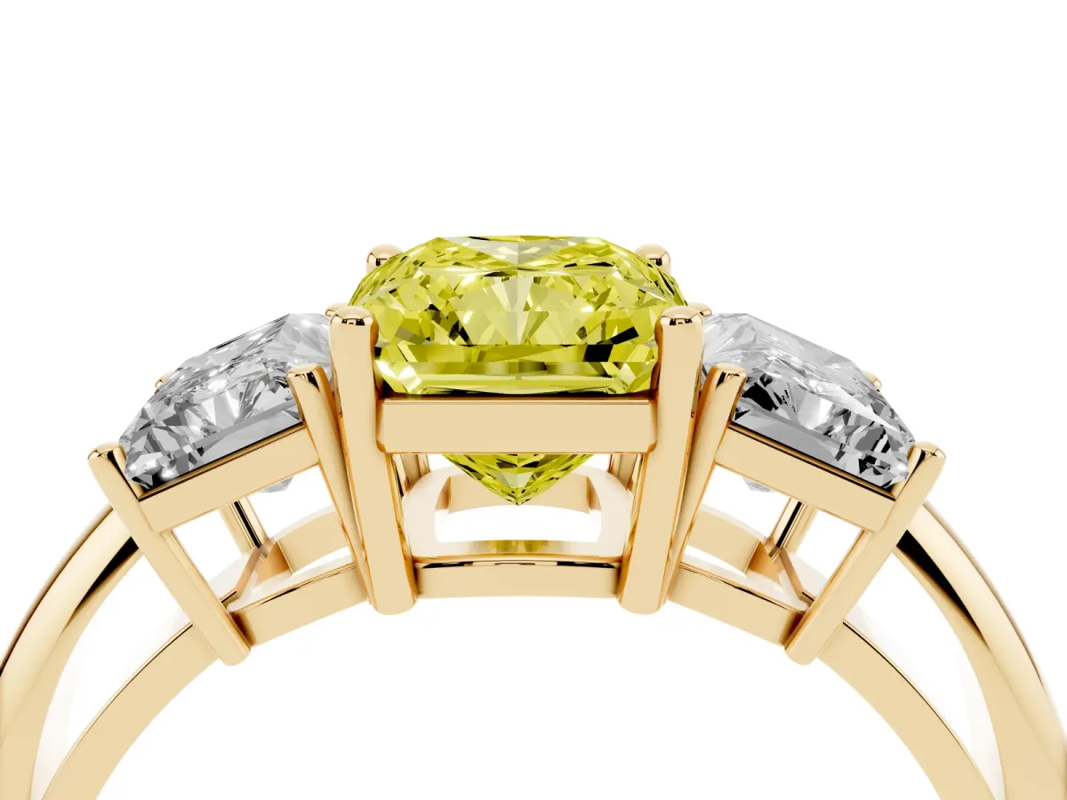 Fancy Yellow Three-Stone Radiant Cut Cut Diamond Engagement Ring with Prong Setting on a White Gold Band Yellow gold