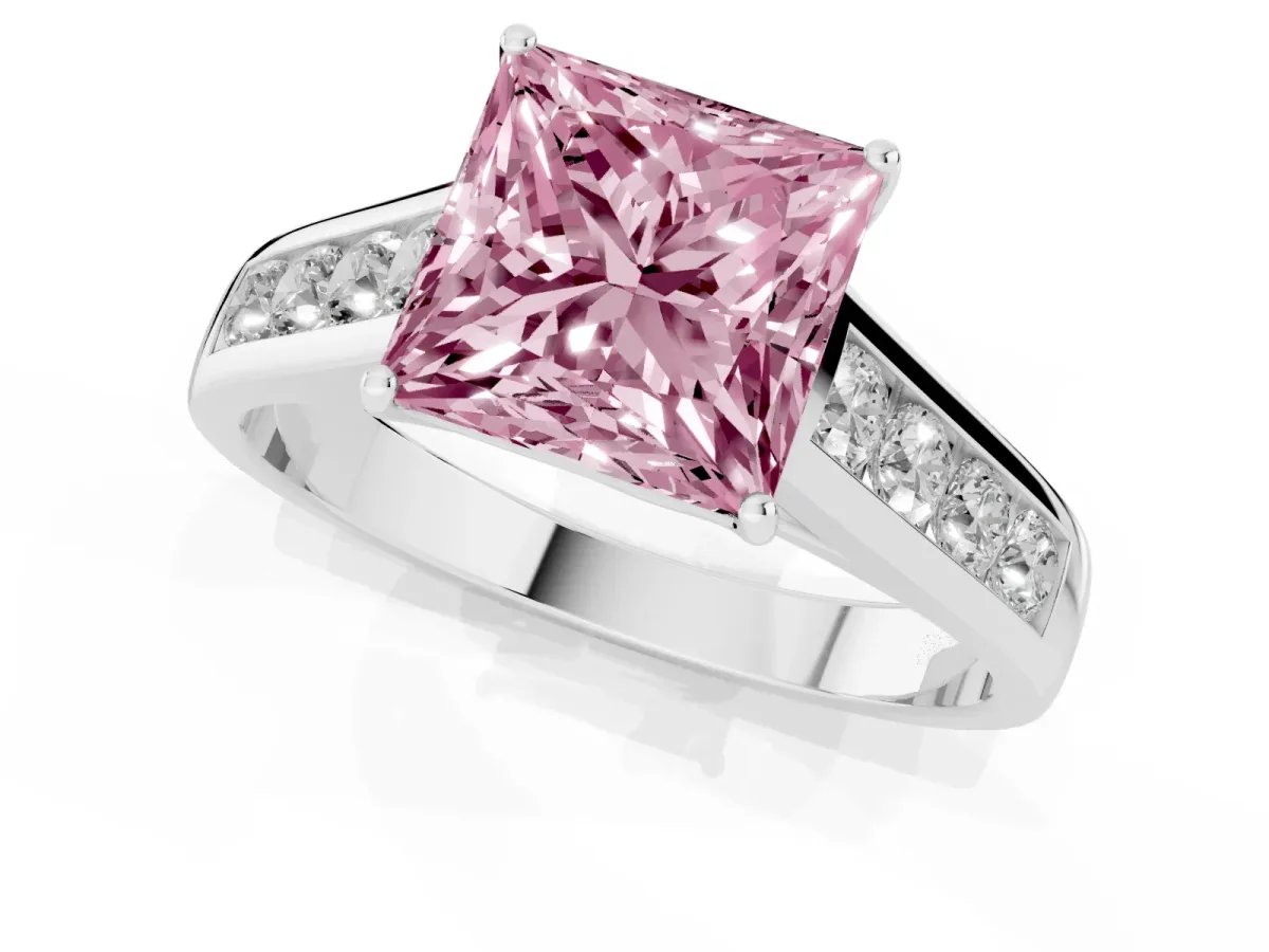 Fancy Pink Princess Cut Solitaire Channel-Set Diamond Engagement Ring with Four-Prong Setting Silver