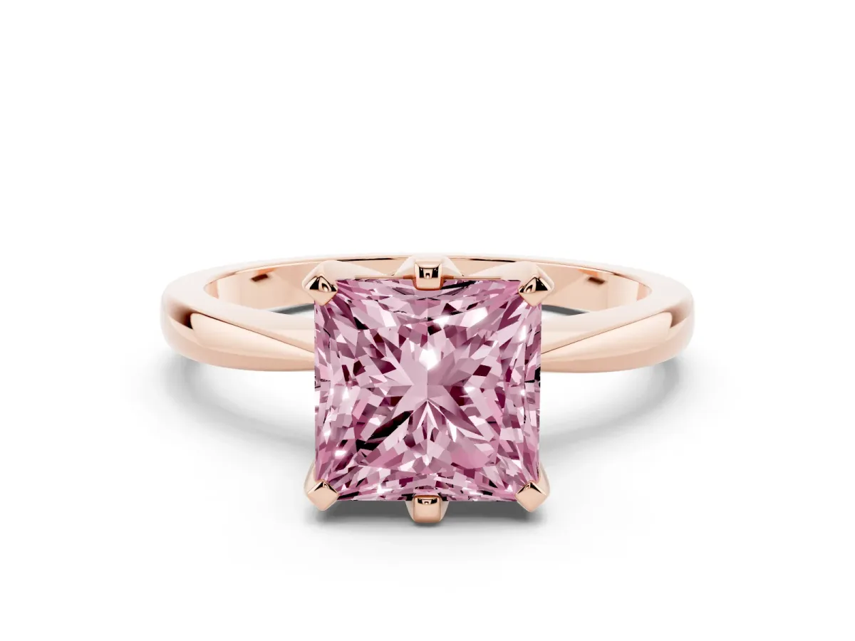 Fancy Pink Princess Cut Solitaire Engagement Ring with Six-Prong Setting and Tapered Band Rose gold
