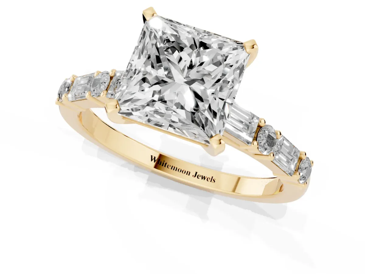 Princess Cut Diamond Solitaire with Side Baguettes and Channel Set Band Yellow gold