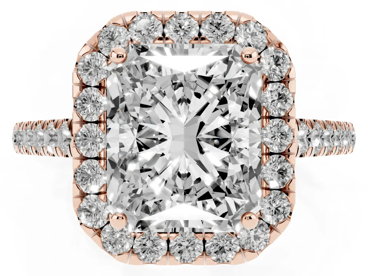 Radiant Cut Halo Pave Diamond Engagement Ring with Four-Prong Setting Rose gold