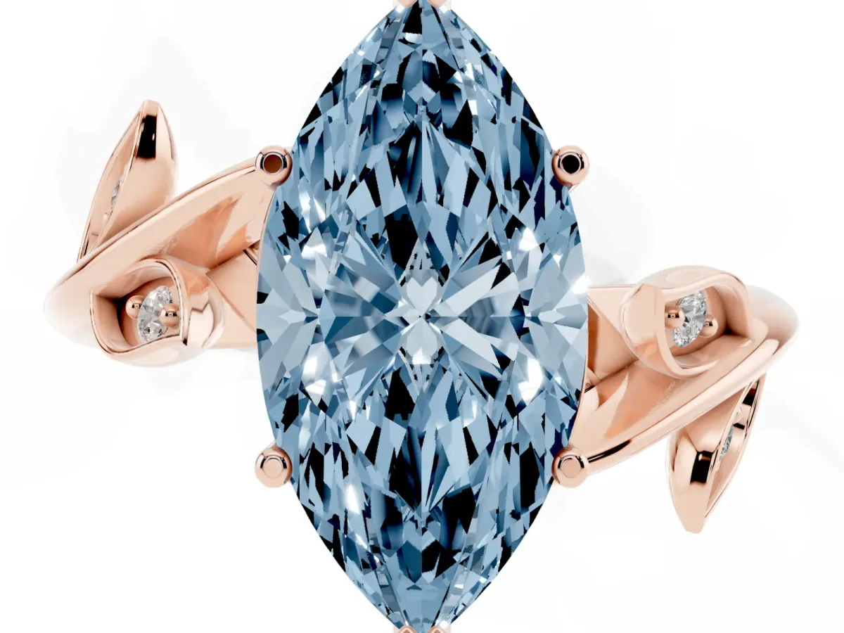 Fancy Blue Marquise Cut Solitaire Twist Engagement Ring with Leaf Accents and Prong Setting Rose gold
