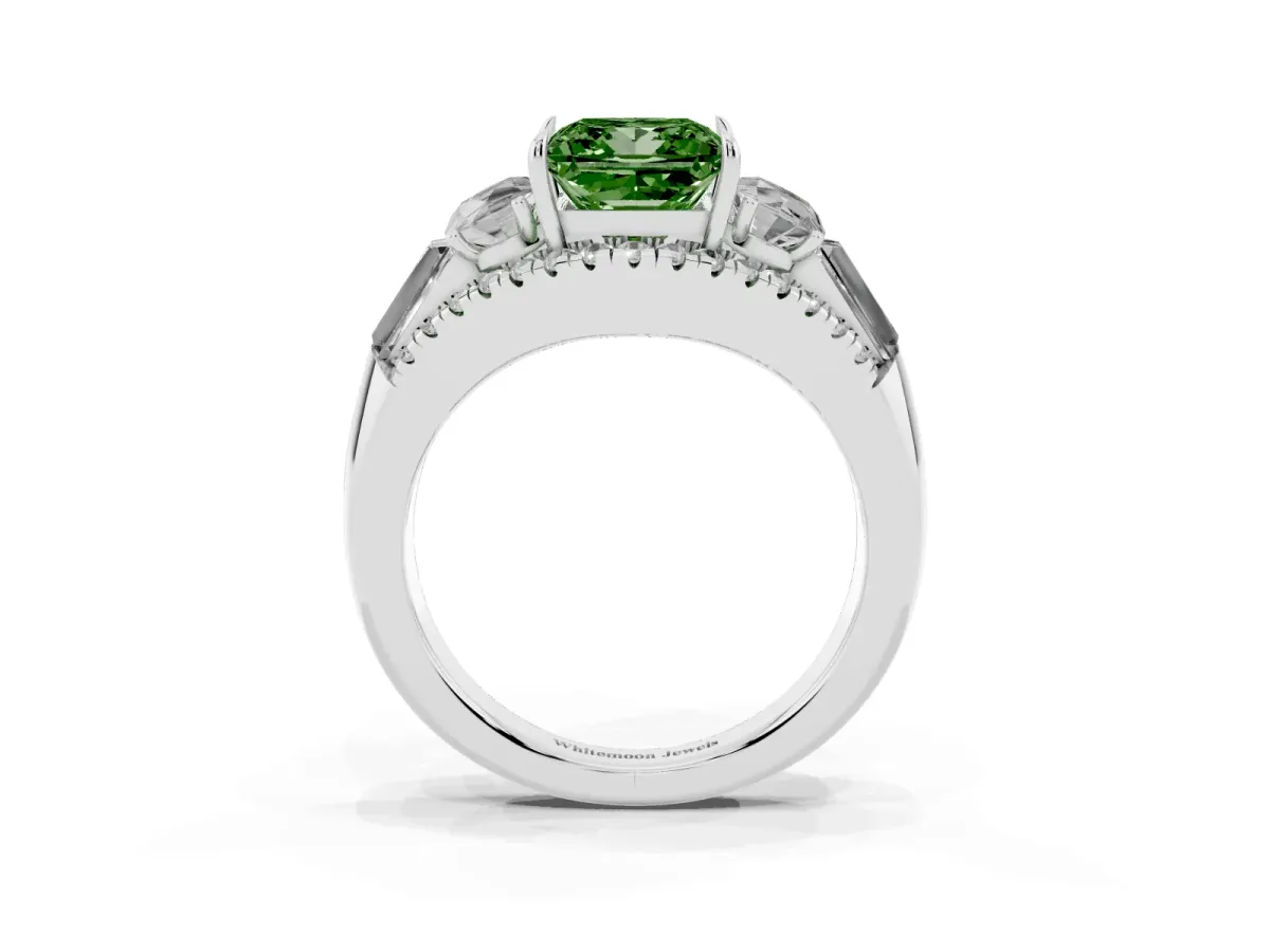 Fancy Green Three-Stone Princess Cut Diamond Engagement Ring with Pave Band and Prong Setting Silver