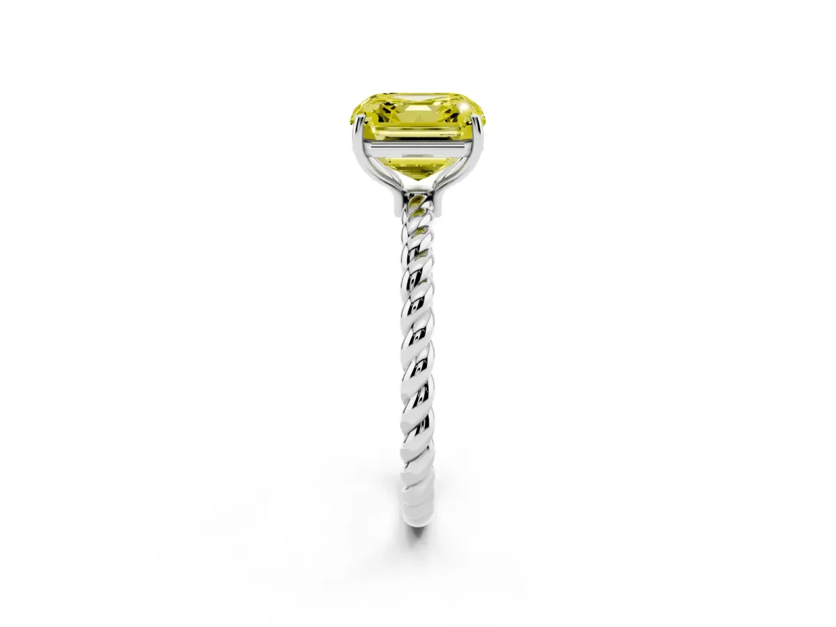 Fancy Yellow Asscher Cut Solitaire Twisted Band 4-Prong Ring White gold