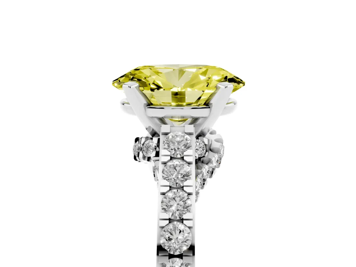 Fancy Yellow Oval Cut Diamond Solitaire Ring with Crossover Gallery and Round Pavé Band Silver
