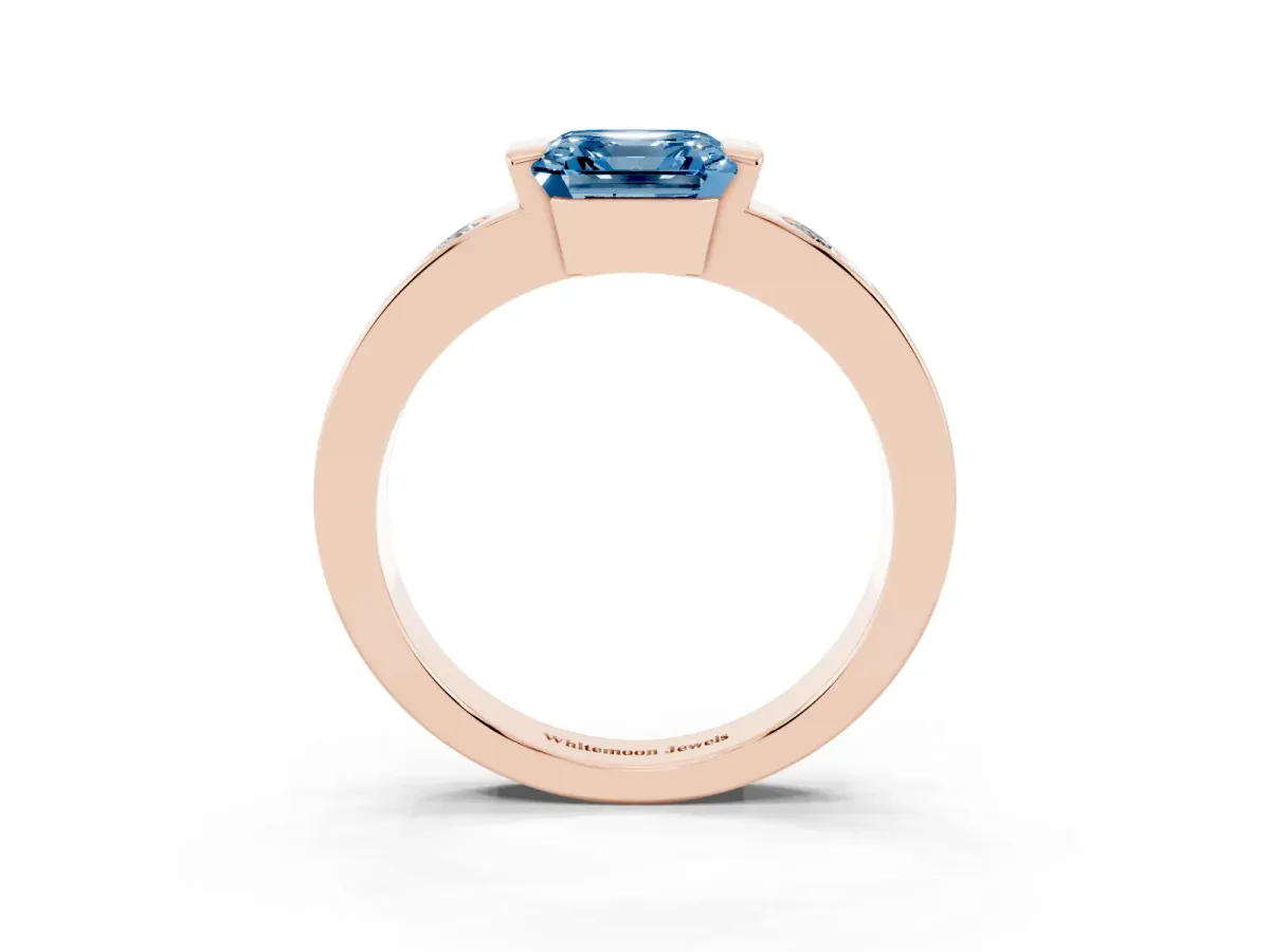 Fancy Blue Asscher Cut Brilliant Channel-Set Diamond Ring with Bezel Prong Setting Rose gold