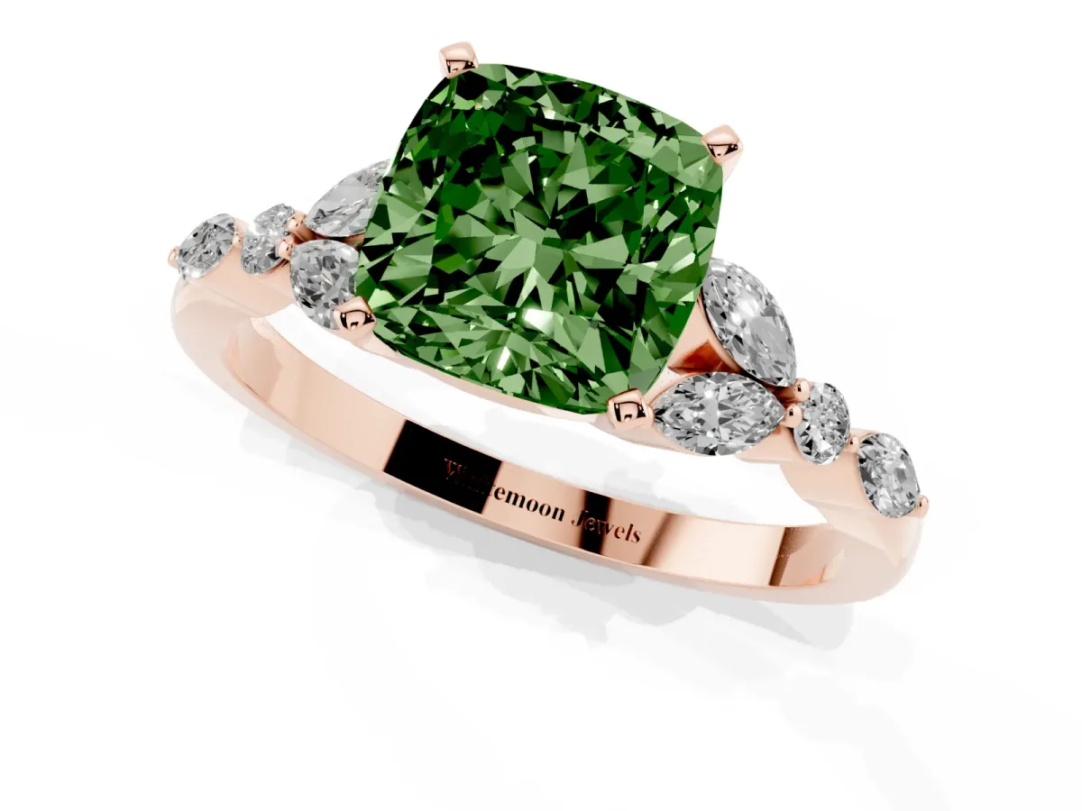 Fancy Green Cushion Cut Diamond Solitaire Ring with Side Stones and Four-Prong Setting Rose gold