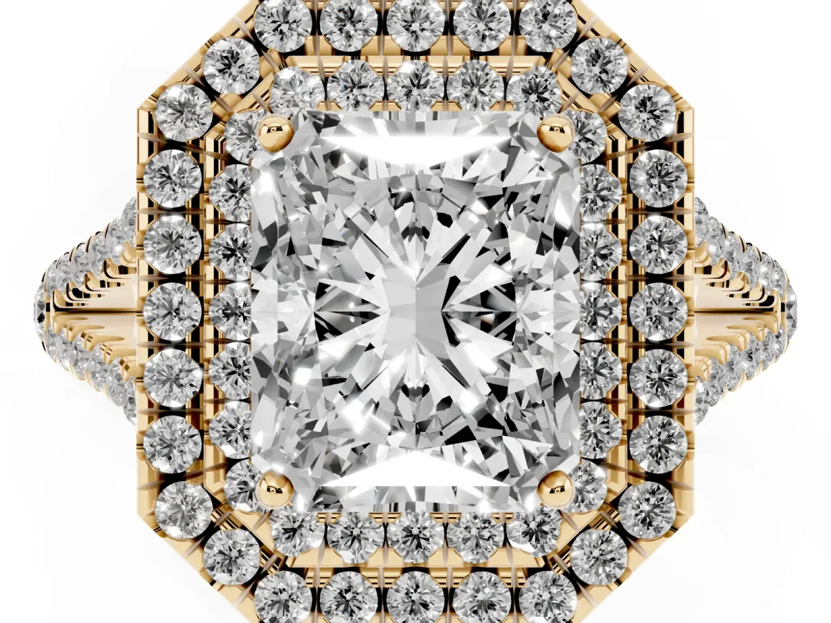 Radiant Cut Diamond Double Halo Ring with Pavé Band and Prong Setting Yellow gold