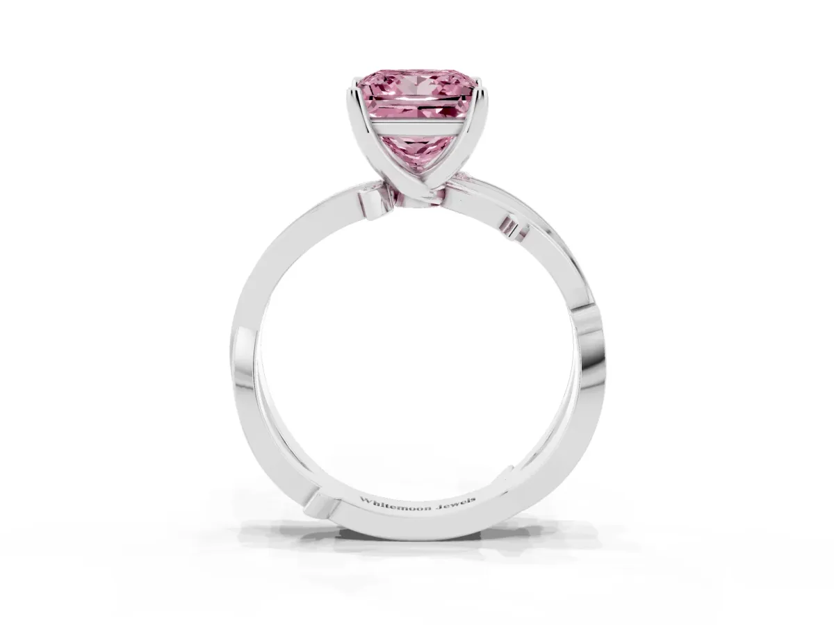 Fancy Pink Princess Cut Solitaire Twist Band with Pavé Accents and Four-Prong Setting White gold