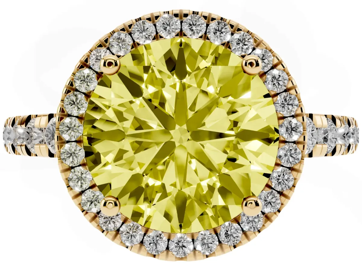 Fancy Yellow Round Cut Diamond Halo Ring with Pavé Band and Four-Prong Setting Yellow gold