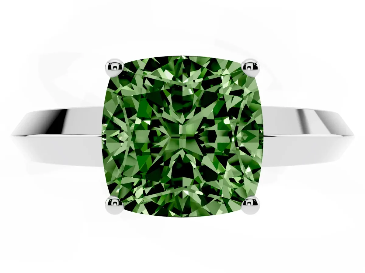 Fancy Green Cushion Cut Cut Solitaire Engagement Ring with Flat Band and Four-Prong Setting Silver