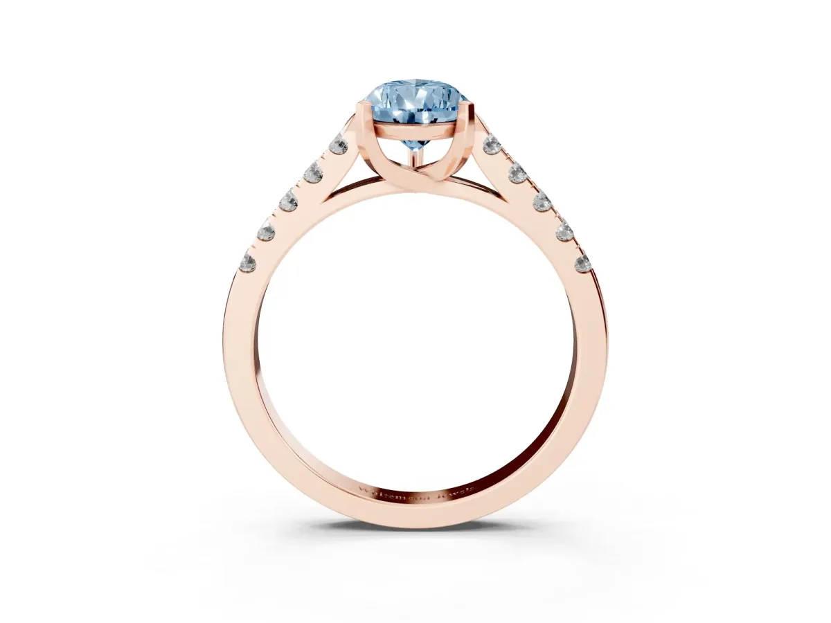 Fancy Blue Pear Cut Diamond Pavé Band Solitaire Ring with Prong Setting Rose gold