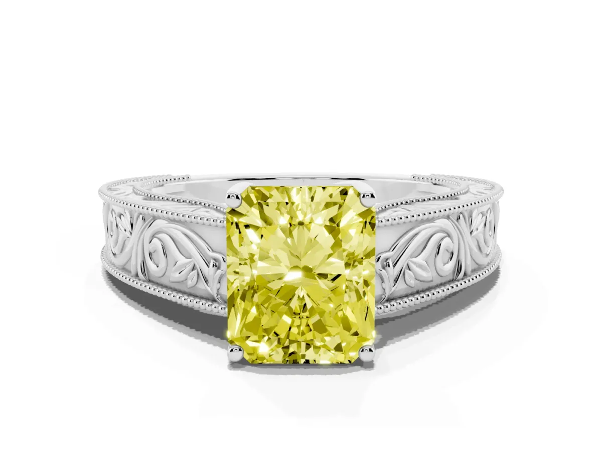 Fancy Yellow Radiant Cut Diamond Solitaire Ring with Engraved Band and Four-Prong Setting White gold