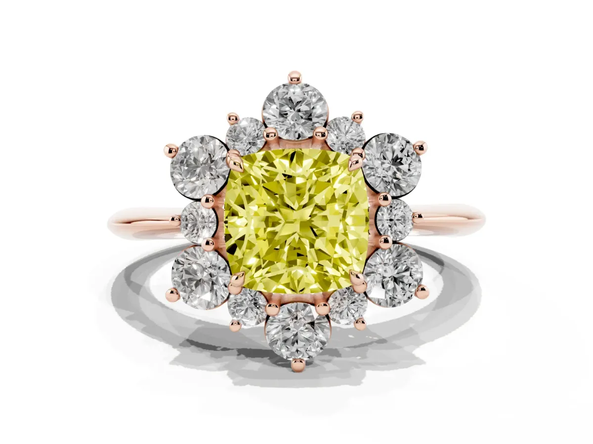 Fancy Yellow Cushion Cut Diamond Cluster Halo Ring with Solitaire Band and Four-Prong Setting Rose gold