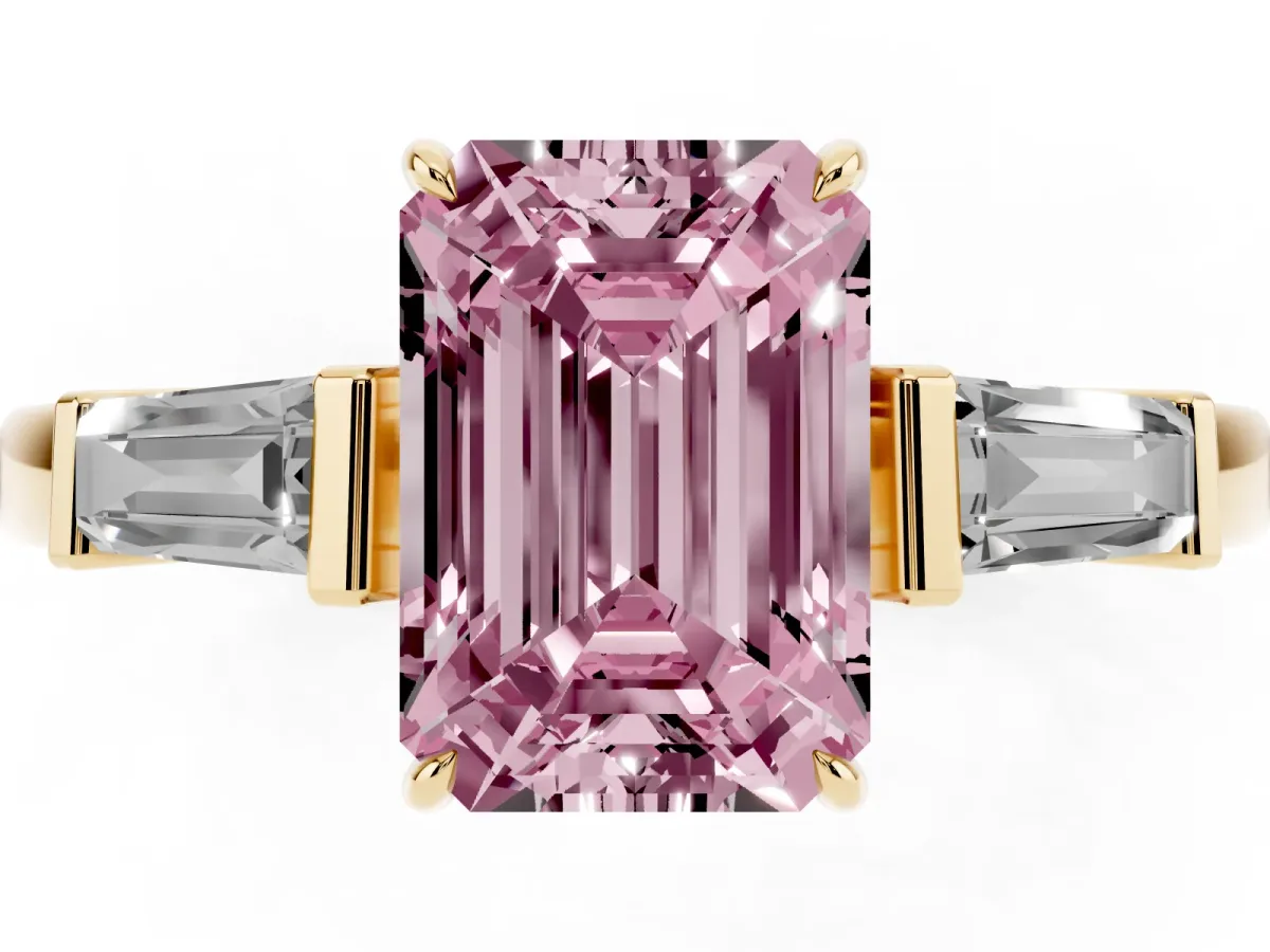 Fancy Pink Emerald Cut Diamond Three-Stone Ring with Tapered Baguette Side Stones and Prong Setting Yellow gold