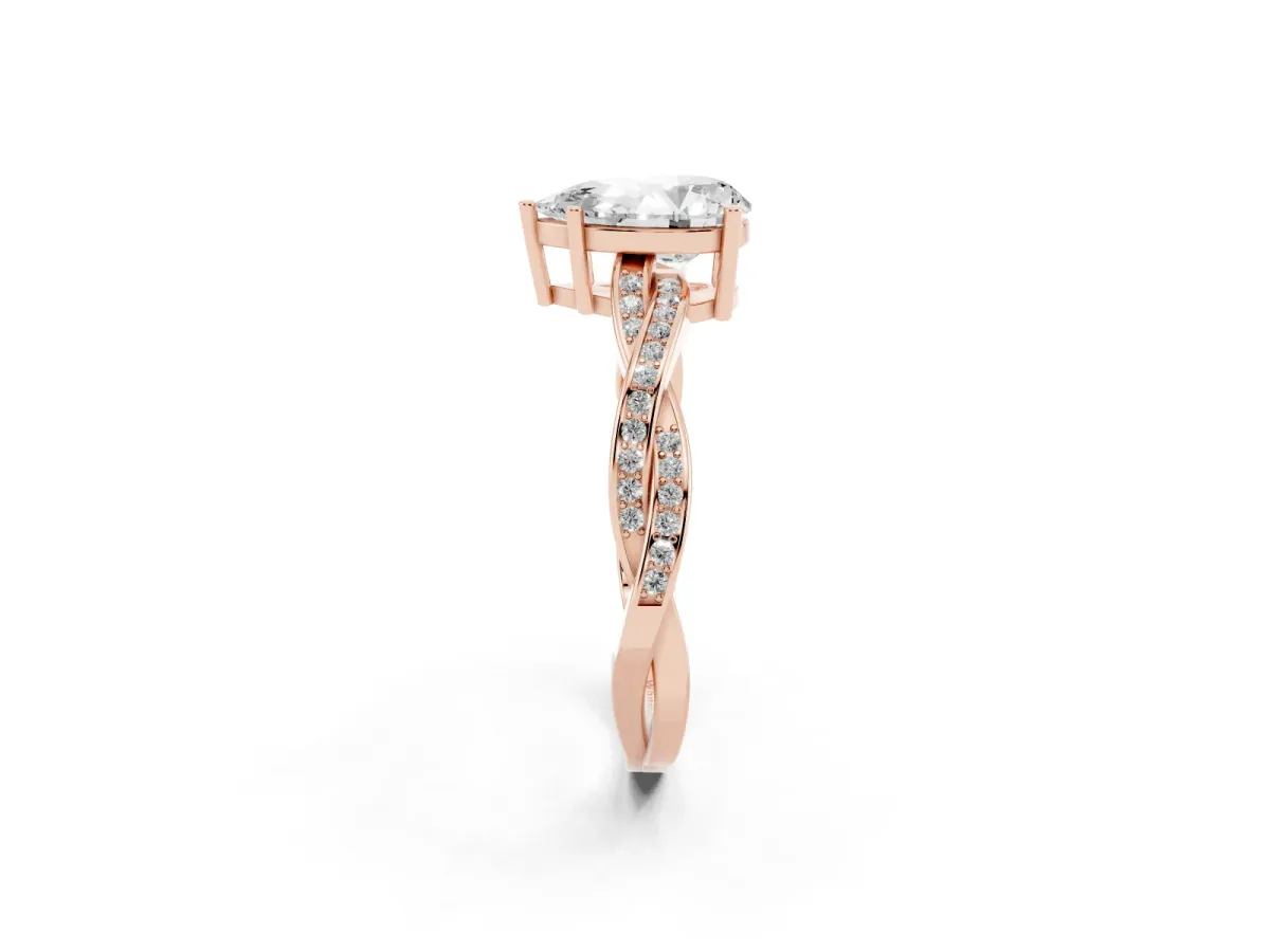 Pear Cut Solitaire Twisted Pave Diamond Ring with Four-Prong Setting Rose gold