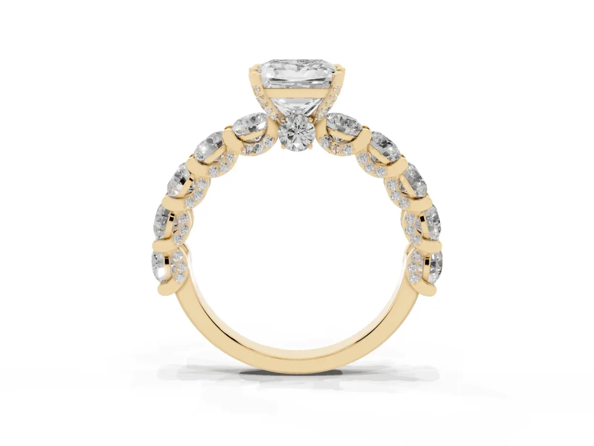 Princess Cut Diamond Side Stone Engagement Ring with Four-Prong Setting Yellow gold