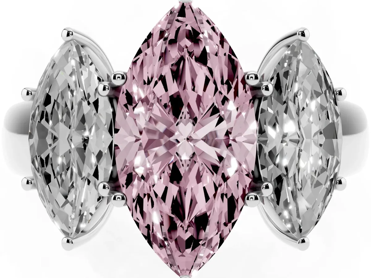 Fancy Pink Three-Stone Marquise Cut Cut Diamond Ring with Prong Setting and Classic Band Silver