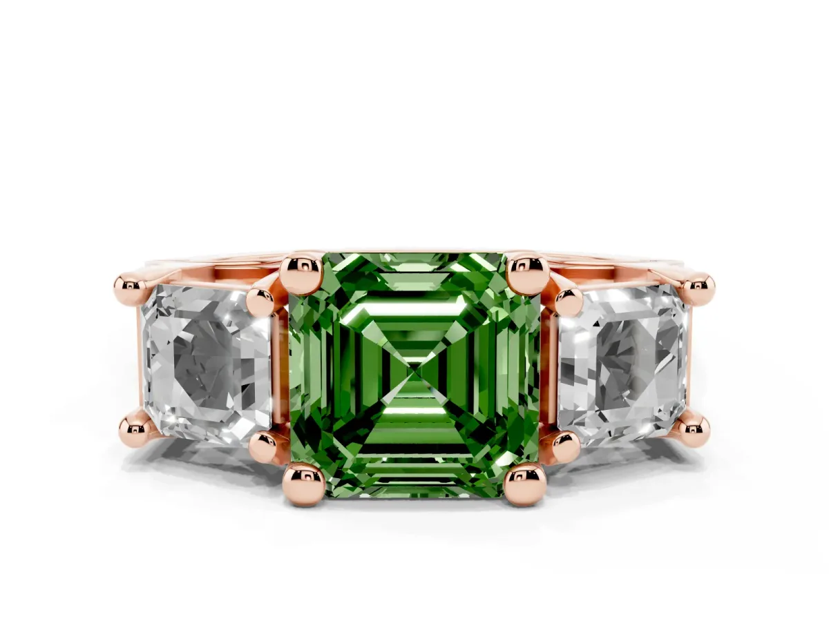 Fancy Green Asscher Cut Diamond Three-Stone Ring with Channel Set Band and Four-Prong Setting Rose gold