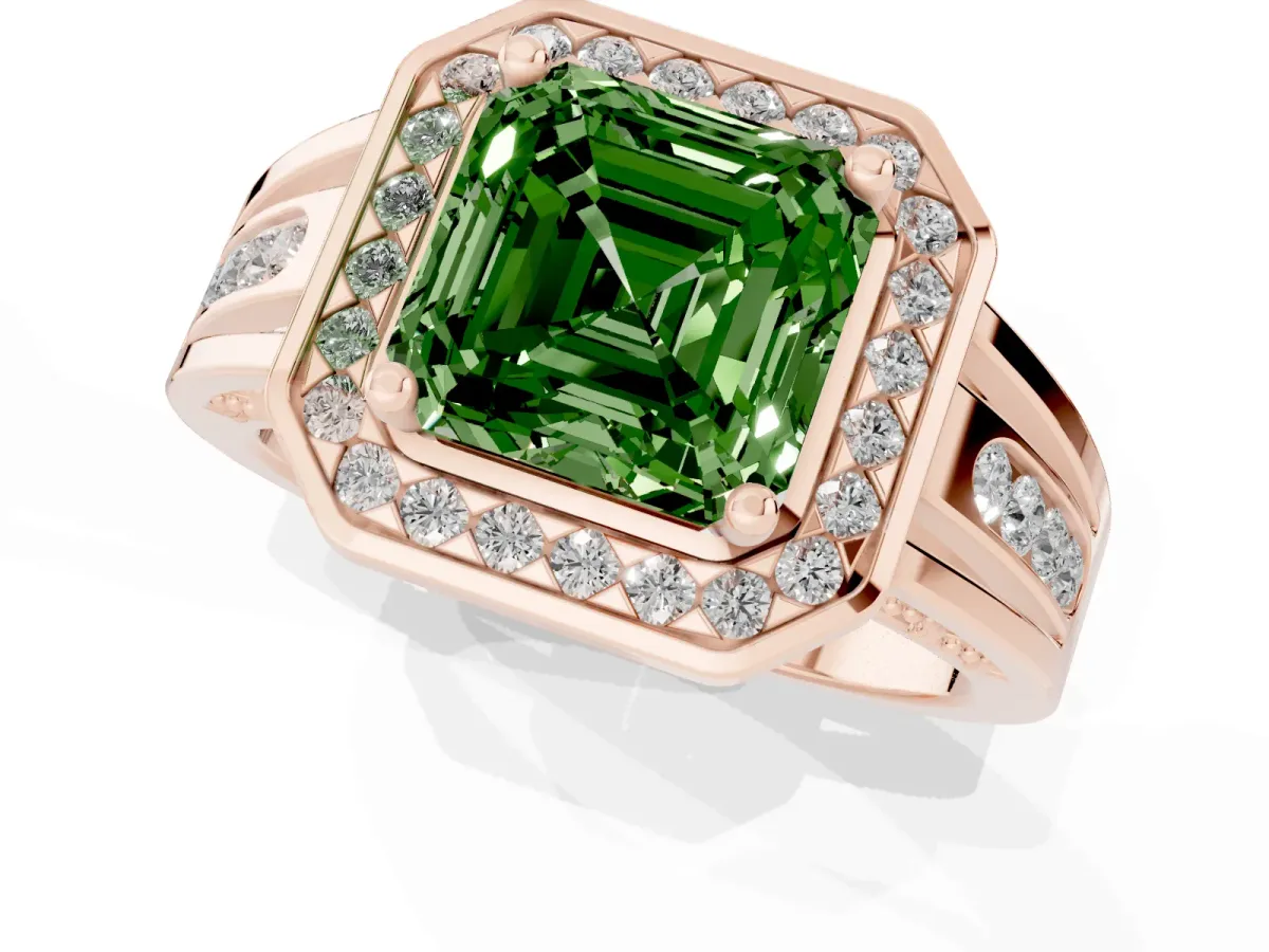 Fancy Green Asscher Cut Diamond Halo Ring with Split Shank and Bezel Accents and Prong Setting Rose gold