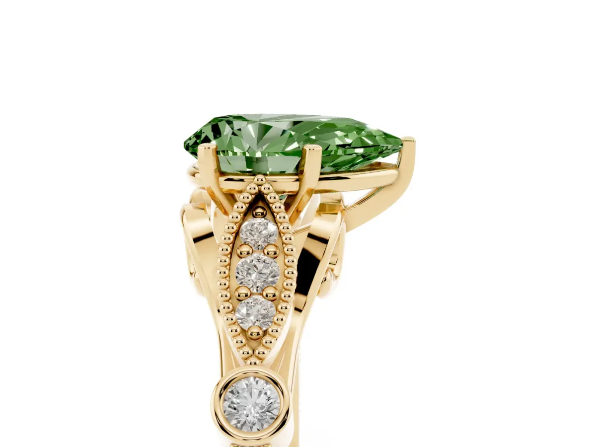 Fancy Green Pear Cut Cut Diamond with Milgrain Marquise and Bezel Accents on a Solitaire Band with Prong Setting Yellow gold