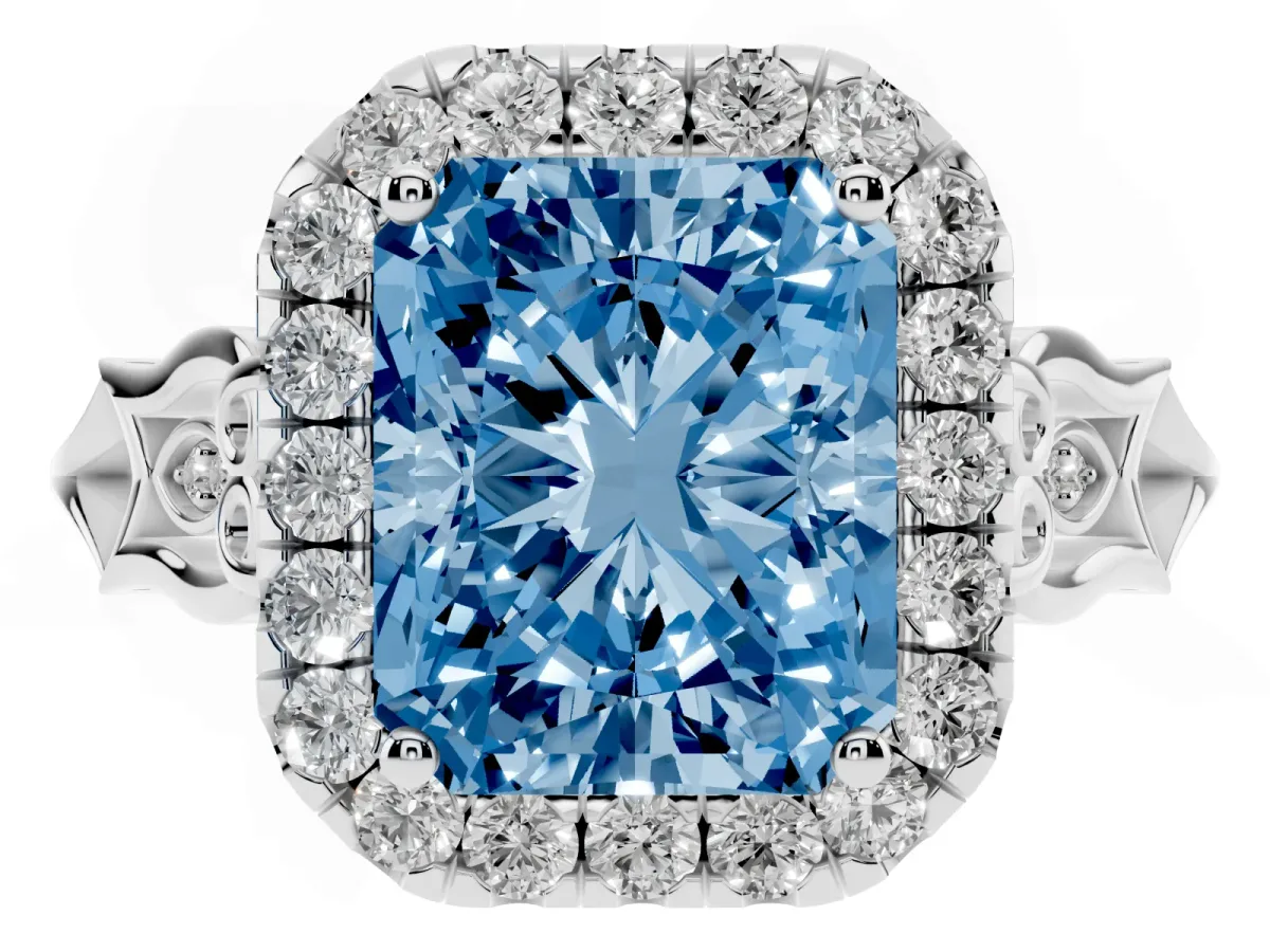 Fancy Blue Radiant Cut Halo Diamond Engagement Ring with Filigree Band and Four-Prong Setting Platinum