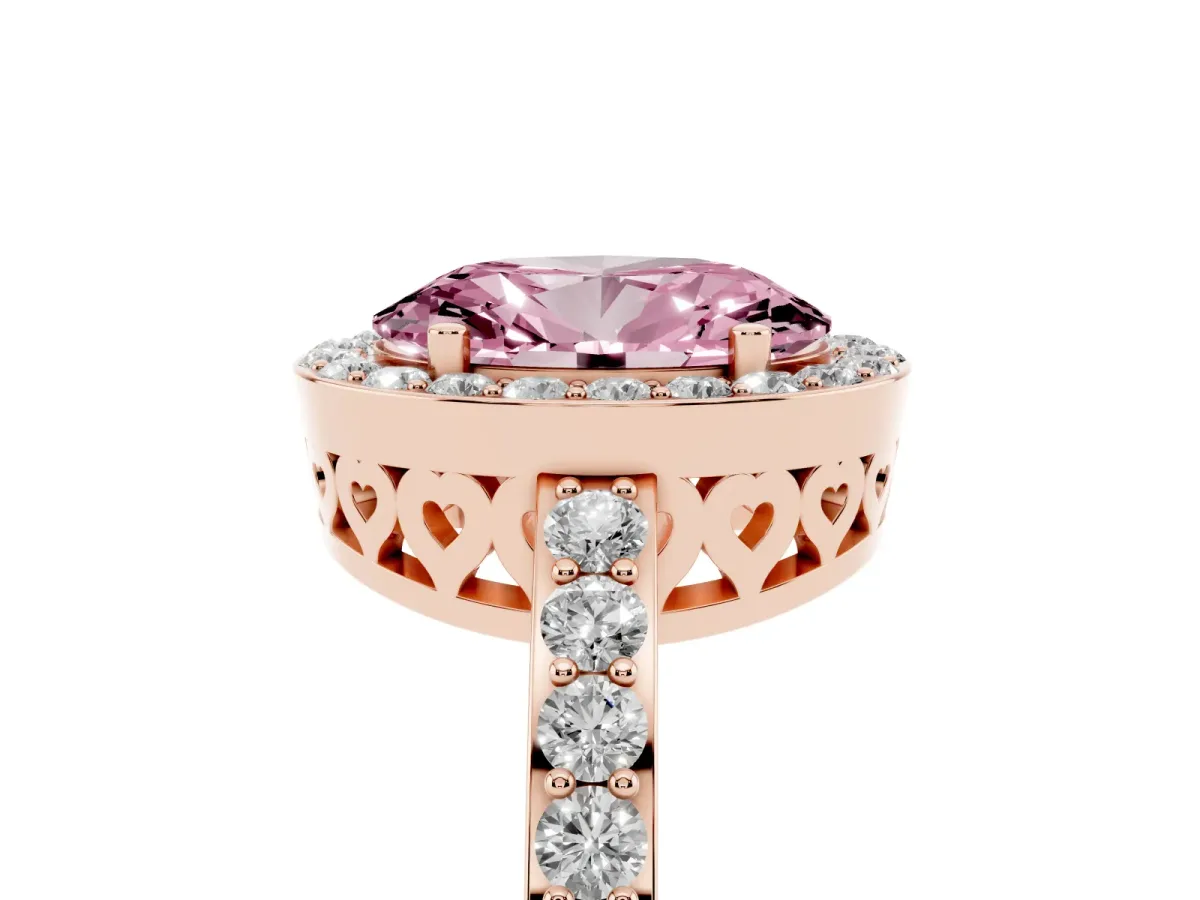 Fancy Pink Oval Cut Halo Diamond Pavé Band Ring with Prong Setting Rose gold