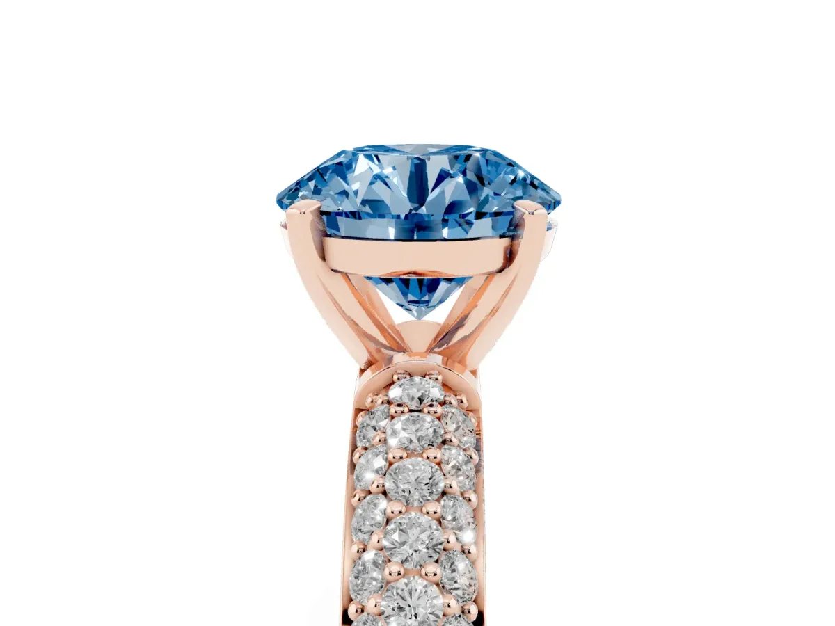 Fancy Blue Round Cut Diamond Solitaire Ring with Prong Setting and Pavé Band Rose gold
