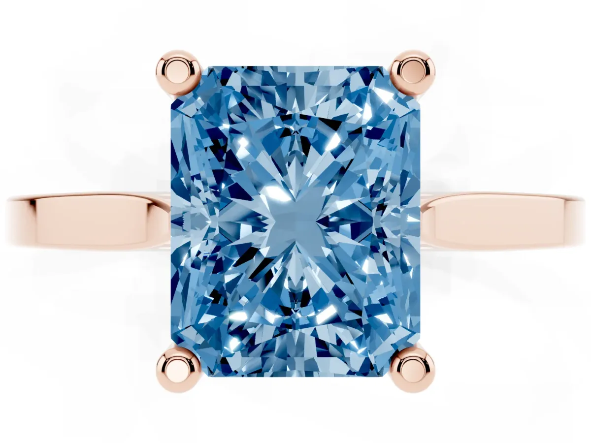 Fancy Blue Radiant Cut Solitaire Diamond Ring with Four-Prong Setting and Tapered Band Rose gold