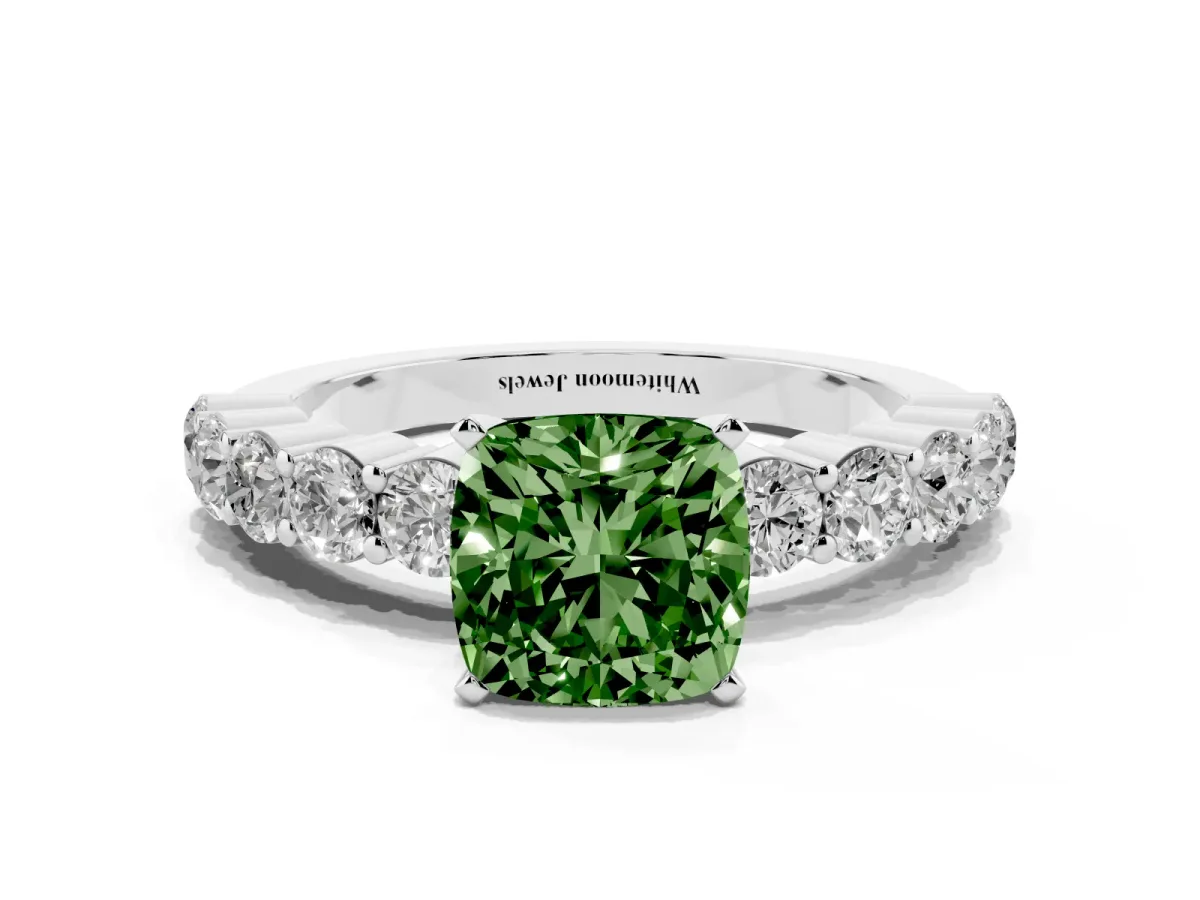 Fancy Green Cushion Cut Diamond Solitaire Ring with Shared Prong Round Side Stones Silver