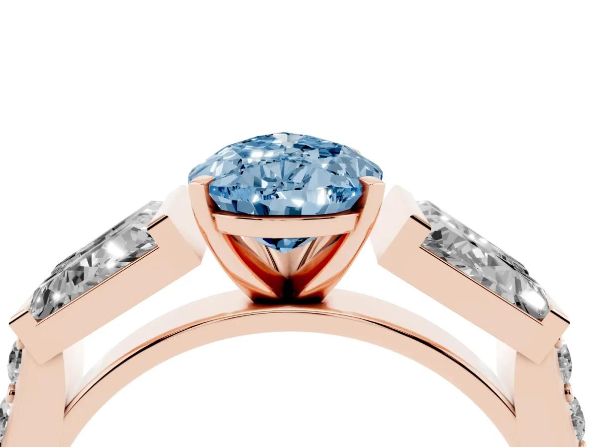 Fancy Blue Pear Cut Diamond Engagement Ring with Baguette Side Stones and Channel Set Band Rose gold