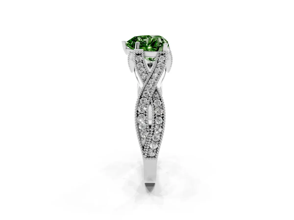 Fancy Green Heart Cut Cut Diamond Twisted Band with Milgrain Pave Setting and Four-Prong Setting White gold